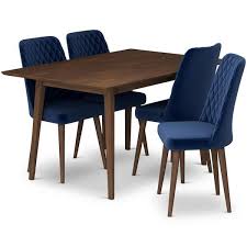 ashcroft furniture co adelia 5 piece mid century rectangular walnut top 47 in dining set with 4 velvet dining chairs in blue brown