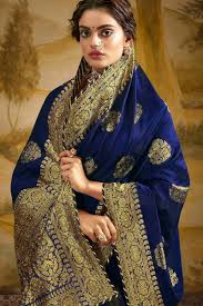 zari weaved art silk navy blue saree
