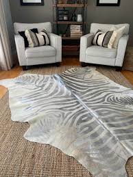 silver metallic zebra cowhide rug size