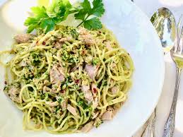 tuna spaghetti with green olive pesto