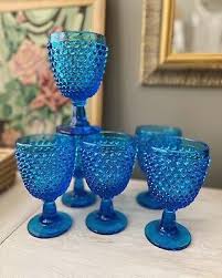 Vintage Hobnail Mcm Blue Goblets Wine