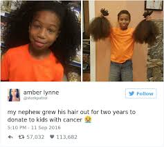 growing his hair to make wigs for kids