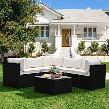 Clihome 6 Piece Wicker Outdoor Sectional Set Patio Furniture Set With Beige Cushions