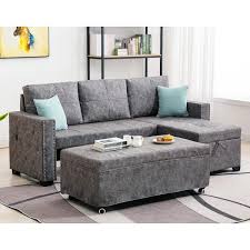 84 In Width Gray Striped Polyester Full Size Sofa Bed With Storage Chaise Lounge And Usb Ports