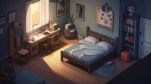 an anime style bedroom with a bed