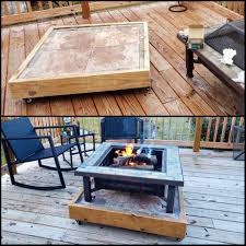 Can you put fire pit on wooden deck. Made A Tile Top Rolling Base For The Deck Fire Pit Pretty Happy With How My First Ever Wood Project Came Out Beginnerwoodworking