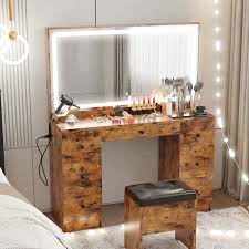 ironck vanity desk set with large led lighted mirror power outlet 7 drawers dressing makeup table for bedroom industrial style vine brown