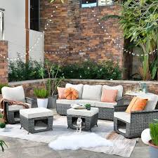 Ovios Fortune Dark Gray 5 Piece Wicker Outdoor Patio Conversation Seating Set With Beige Cushions