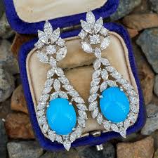 Gorgeous Turquoise Diamond Dangle Earrings 18K White Gold