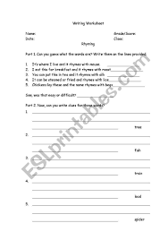 Lines that rhyme are a collection of rhymes where children try to guess the answer of the rhyme by clues given throughout the test. English Worksheets Rhyming