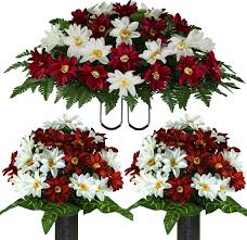 All sympathy sympathy by color & style casket sprays easels, wreaths, hearts & crosses memorial urn flowers plants and garden baskets cemetery silks. Sympathy Silks Artificial Cemetery Flowers 2 Deep Red White Dahlia Bouquets Saddle For Headstone Walmart Com Walmart Com