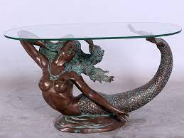 Large Mermaid Table W Glass In Verde Bronze