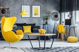 design a living room in gray and yellow