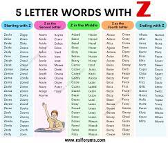 500 unique 5 letter words with z esl