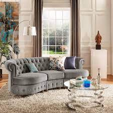 94 5 In Grey Velvet Tufted Scroll Arm Chesterfield Curved 3 Seat Sofa