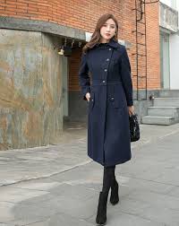 Navy Blue Winter Long Wool Coat Women