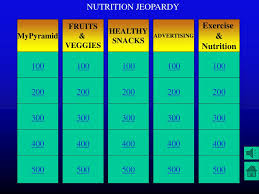 nutrition jeopardy mypyramid fruits veggies healthy snacks advertising exercise nutrition 100 100 100 100 100 200 200 200 200 200 300 300 300 300 300