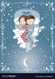 cute cartoon couple cuddles in bed