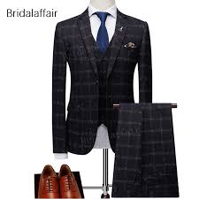 Us 91 67 42 Off Wonderful Mens Suits Slim Fit Modern Latest Coat Pants Design Plaid Navy Blue Groom Tuxedo Wedding Prom Suit Jacket Vest Pants In