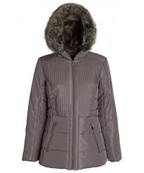 Womens Down Alternative Puffer Coat With Plush Lined Fur Trim Hood Fog Ce12k5girf5