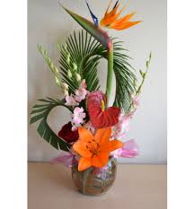 Tropical Arrangement With Bird Of Paradise Sago Palm Pink
