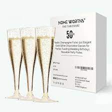 Amazon.com: Disposable Champagne Flutes – 50 Pack – XXXml – Gold Glitter  Tall Reusable Champagne Glasses – Plastic Prosecco Glass Pack – Picnics,  Hot Tub, Parties, Weddings by Homeworths : Health & Household