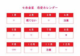 一目でわかる七赤金星（しちせききんせい）｜恋愛カレンダー｜「九星気学」恋愛運カレンダー
