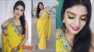 yellow saree makeup look day 1