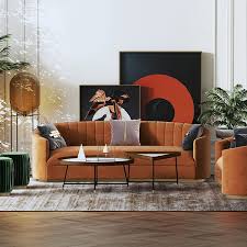 70 9 Modern Velvet Couch Curved Sofa In Orange With Stainless Steel Base
