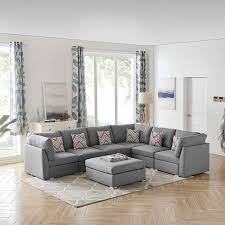 lilola home amira gray fabric reversible modular sectional sofa with ottoman and pillows