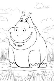 white coloring page of cartoon hippo