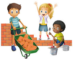 Three kids building brick wall 368261 Vector Art at Vecteezy