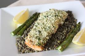 panko crusted salmon with french lentils