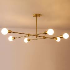 Mid Century Industrial 6 Light Branching Chandelier In Brushed Brass For Dining Room And Living Room Lighting Chandeliers