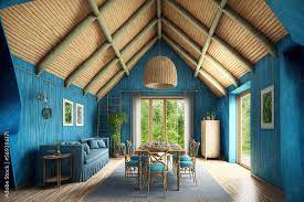 country living room with bamboo ceiling