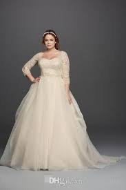 Discount Plus Size 2019 Oleg Cassini Wedding Dresses 3 4 Sleeves Lace Sweetheart Covered Button Gloor Length Princess Fashion Bridal Gowns Pictures Of