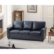 Artful Living Design Cristina 77 2 In Wide Navy Leather Rectangle 3 Seat Sofa With Wooden Legs Blue
