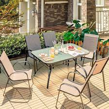 Angeles Home 1 5 In 7 Piece Metal Outdoor Dining Set 6 Stackable Sling Chairs Tempered Glass Dining Table With Umbrella Hole