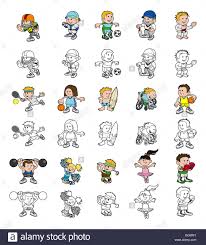 A Set Of Cartoon People Or Children Playing Sports Color And Black