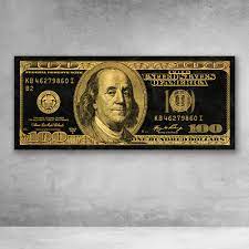 On its back, the note displays an image of the independence hall. Black And Gold Ben Franklin 100 Dollar Bill Money Wall Art