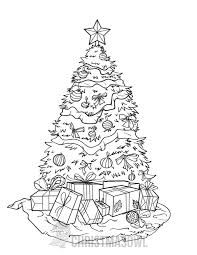 Christmas tree with ornaments, stars, candy canes, bulbs and rest of the decorations. Free Christmas Tree Coloring Page