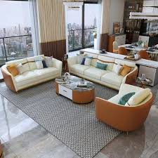 Colorg Orange Faux Leather Living Room Sofa With Single Sofa Loveseat Set Of 3