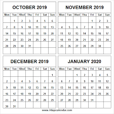 October 2019 To January 2020 Four Month Calendar Blank