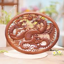 Carved Wood Dragon Relief Panel Naga