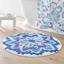 lara geometric blue round bath mat