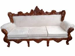 Cotton Brown Wooden Three Seater Sofa