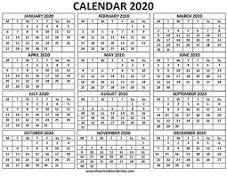 2020 Calendar 12 Months Calendar On One Page Free