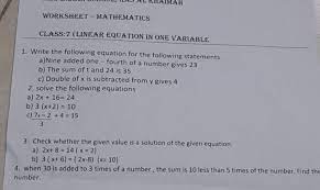 Worksheet Mathematics Class 7