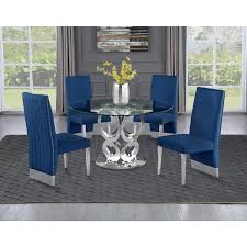 Round Style 5pc Glass Dining Set Pleated Chairs In Navy Blue Velvet