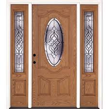 Feather River Doors 67 5 In X81 625 In Lakewood Patina 3 4 Oval Lt Stained Light Oak Right Hand Fiberglass Prehung Front Door W Sidelites Oak